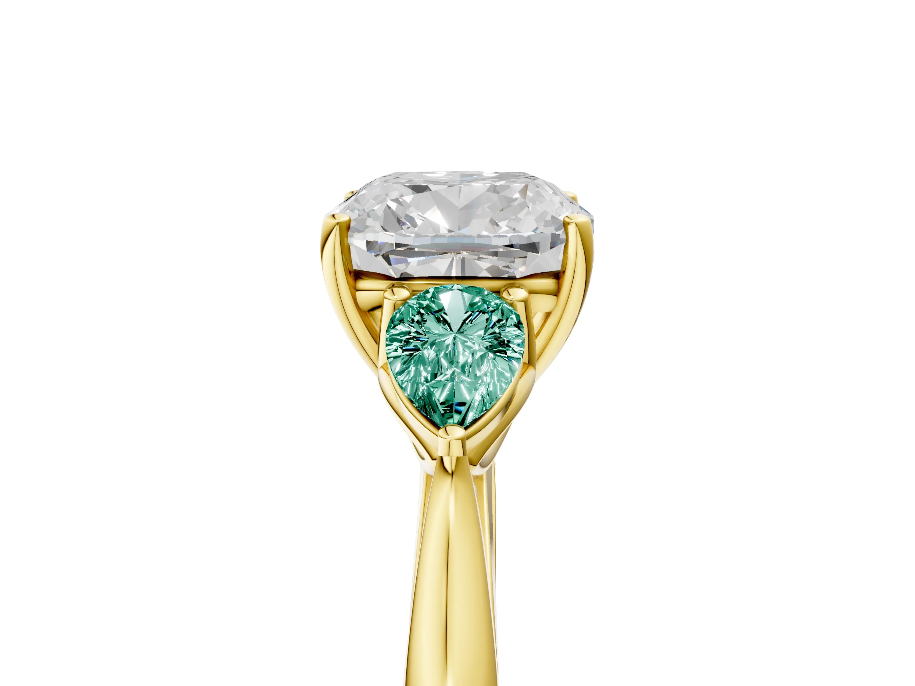 Yellow gold Cushion Cut Diamond Three-Stone Ring with Pear with Green Sapphire side stone Side Stones and Prong Setting_5