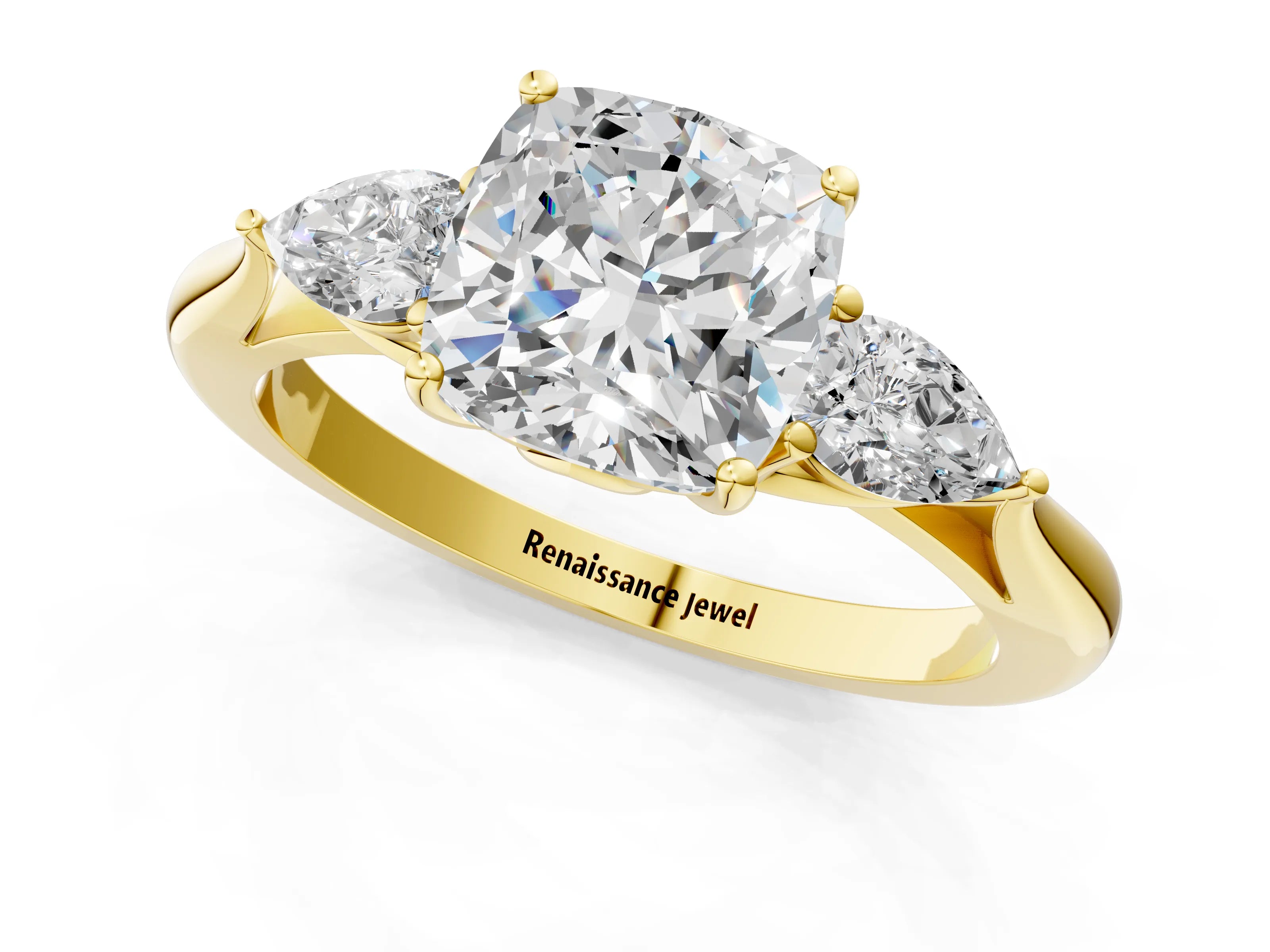 Yellow gold Cushion Cut Diamond Three-Stone Ring with Pear with Moissanite side stone Side Stones and Prong Setting_1