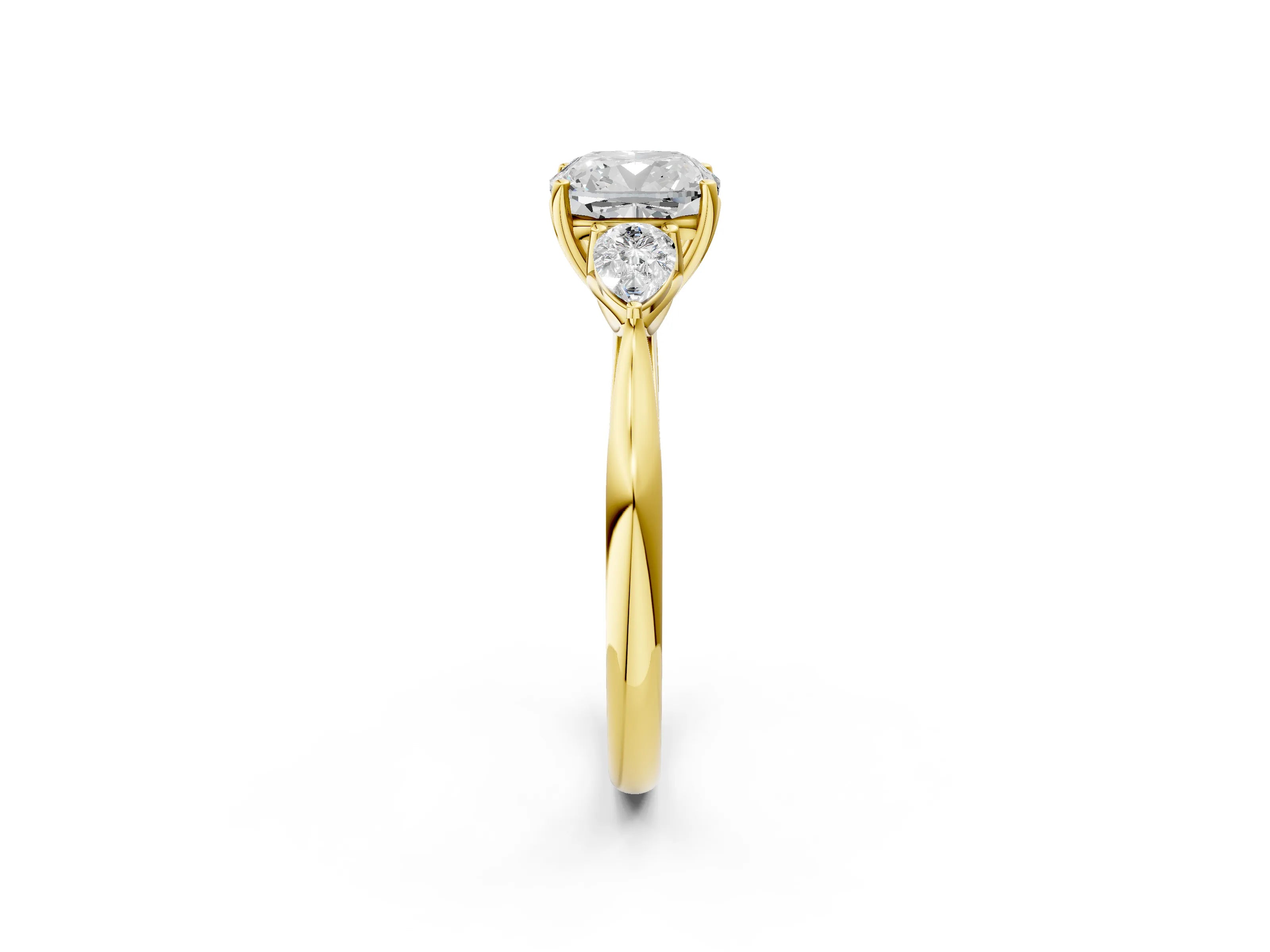Yellow gold Cushion Cut Diamond Three-Stone Ring with Pear with Moissanite side stone Side Stones and Prong Setting_2