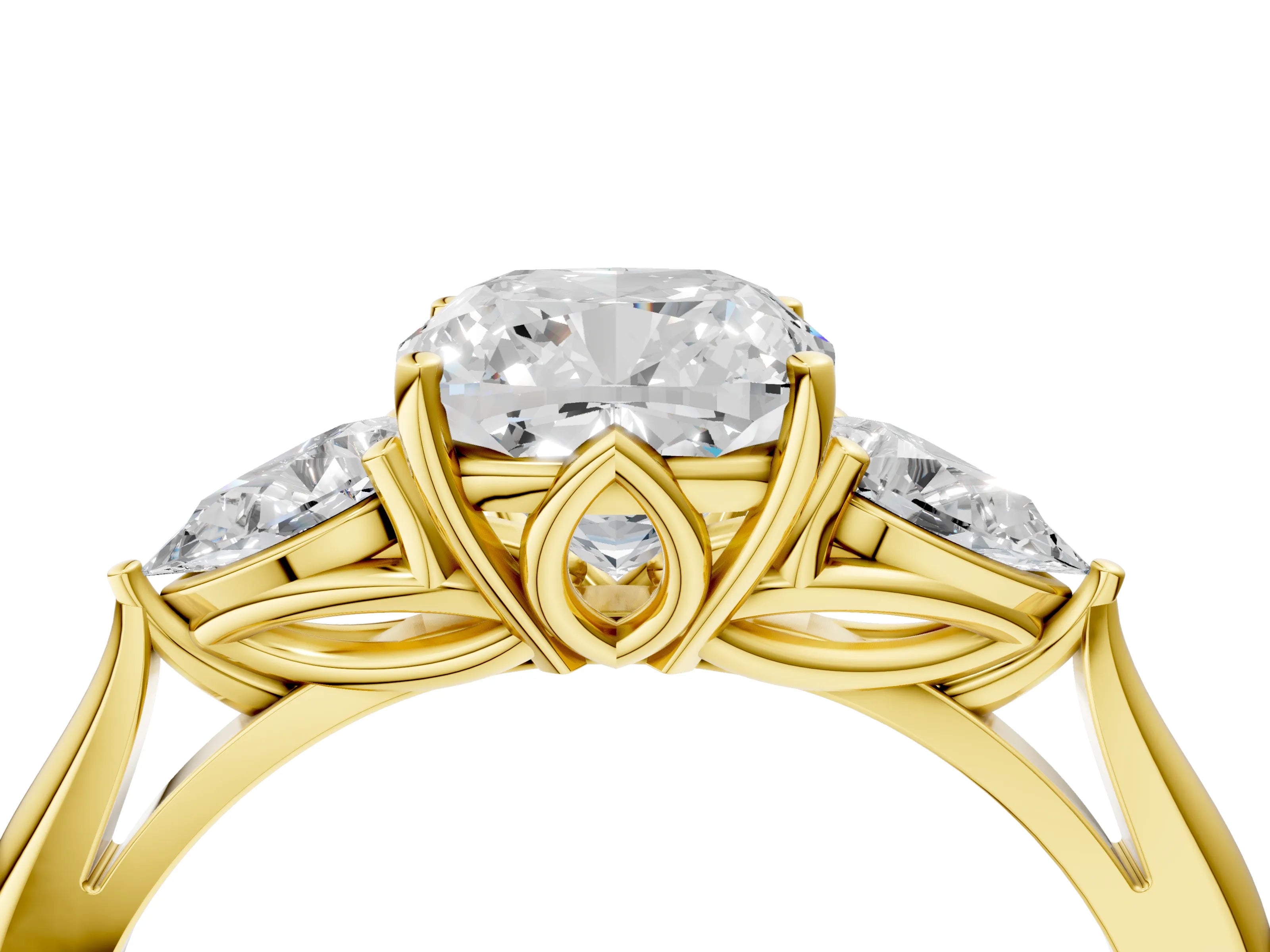 Yellow gold Cushion Cut Diamond Three-Stone Ring with Pear with Moissanite side stone Side Stones and Prong Setting_4