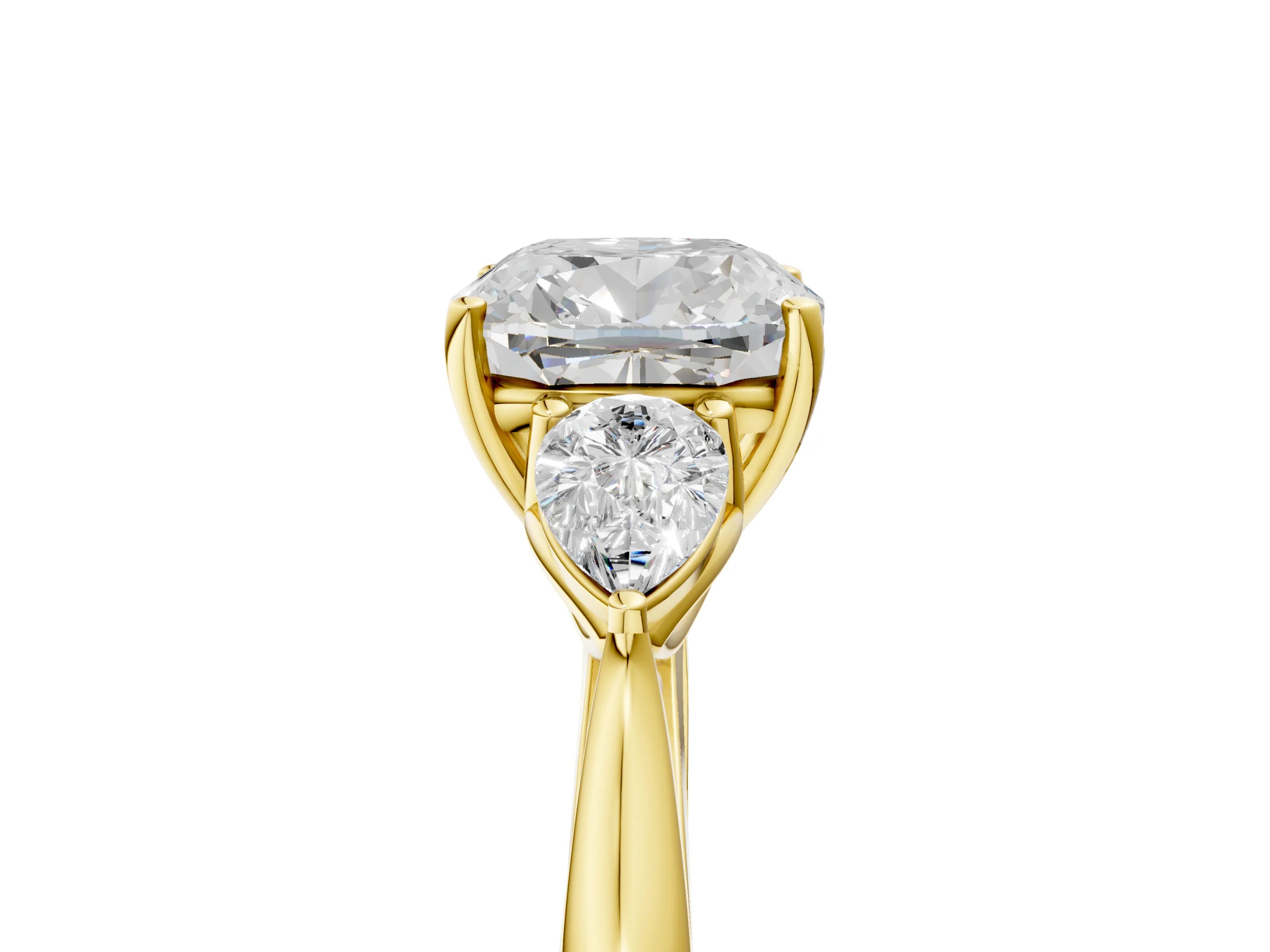 Yellow gold Cushion Cut Diamond Three-Stone Ring with Pear with Moissanite side stone Side Stones and Prong Setting_5