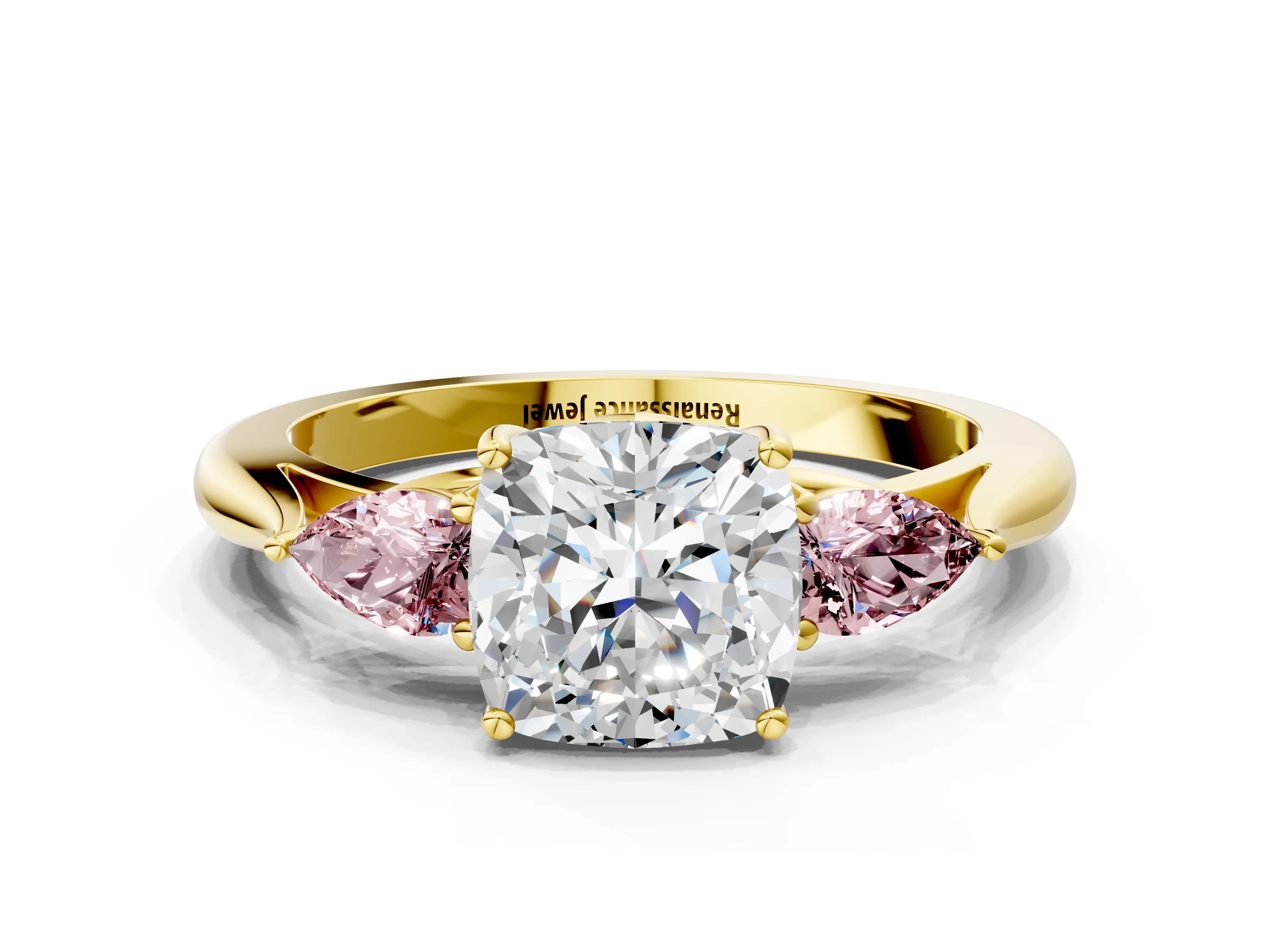 Yellow gold Cushion Cut Diamond Three-Stone Ring with Pear with Morganite side stone Side Stones and Prong Setting
