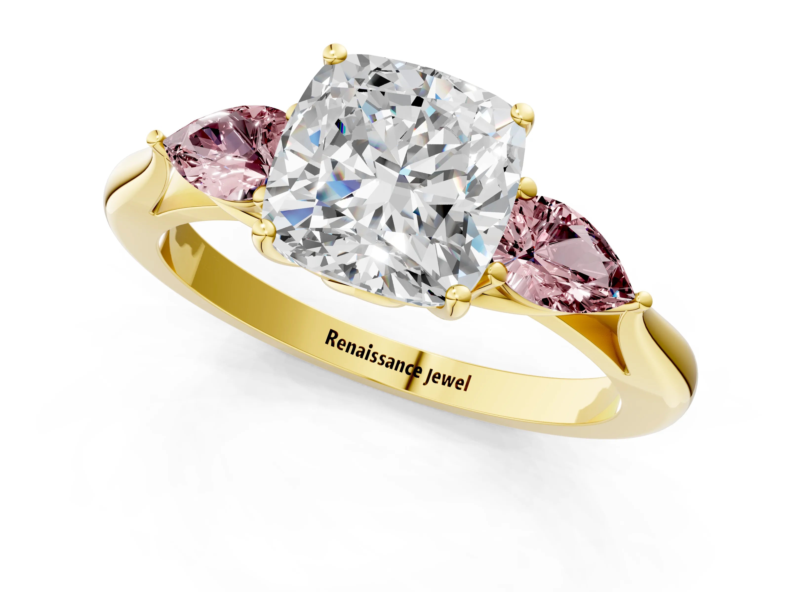 Yellow gold Cushion Cut Diamond Three-Stone Ring with Pear with Morganite side stone Side Stones and Prong Setting_1