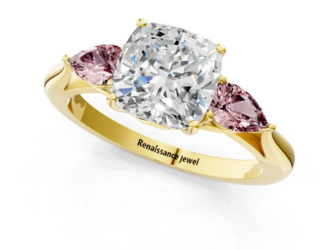 Yellow gold Cushion Cut Diamond Three-Stone Ring with Pear with Morganite side stone Side Stones and Prong Setting_1
