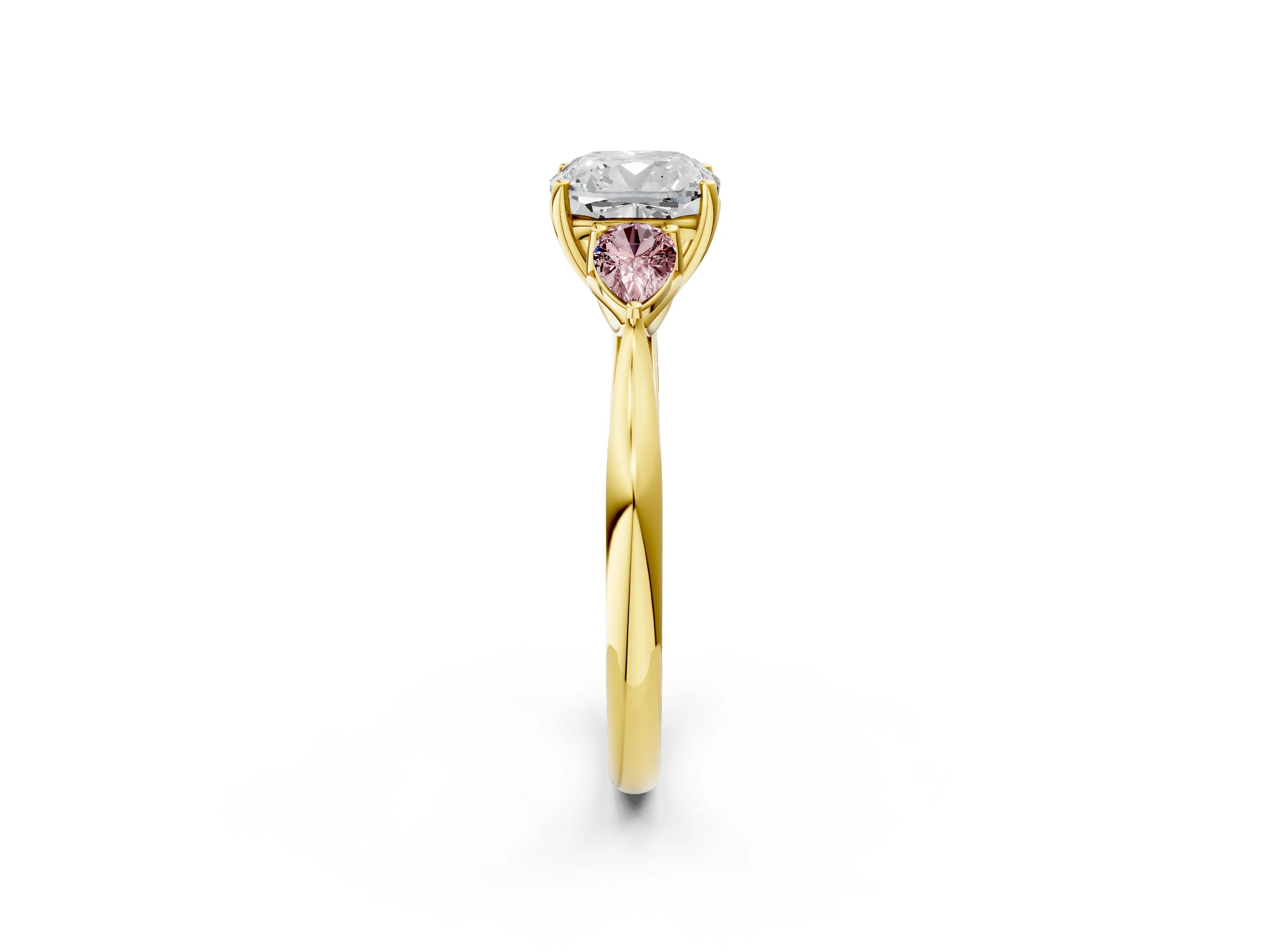 Yellow gold Cushion Cut Diamond Three-Stone Ring with Pear with Morganite side stone Side Stones and Prong Setting_2