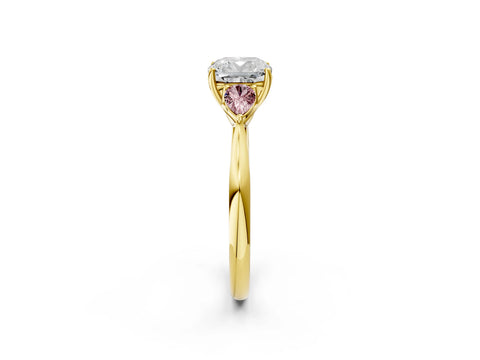 Yellow gold Cushion Cut Diamond Three-Stone Ring with Pear with Morganite side stone Side Stones and Prong Setting_2