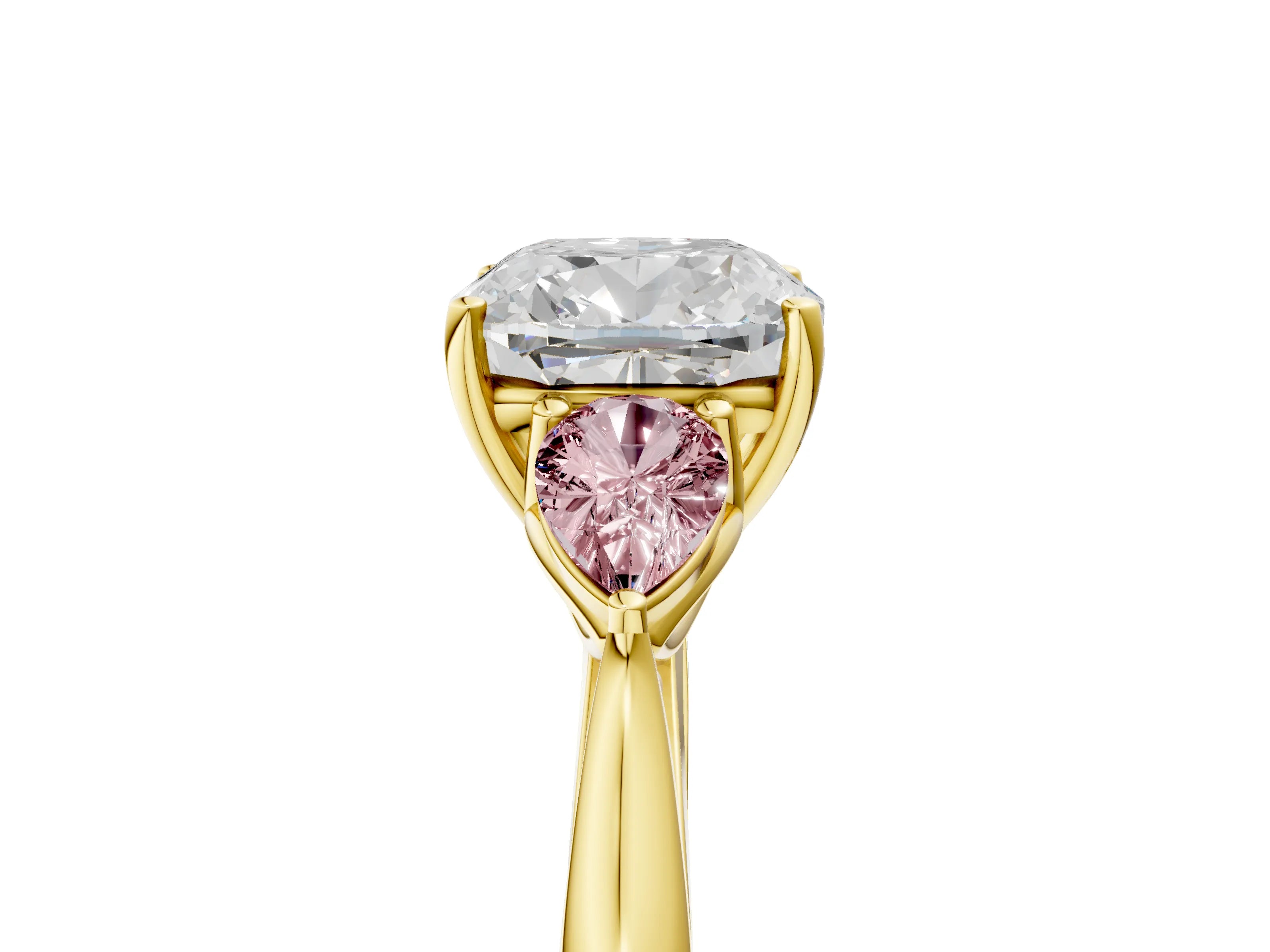 Yellow gold Cushion Cut Diamond Three-Stone Ring with Pear with Morganite side stone Side Stones and Prong Setting_5