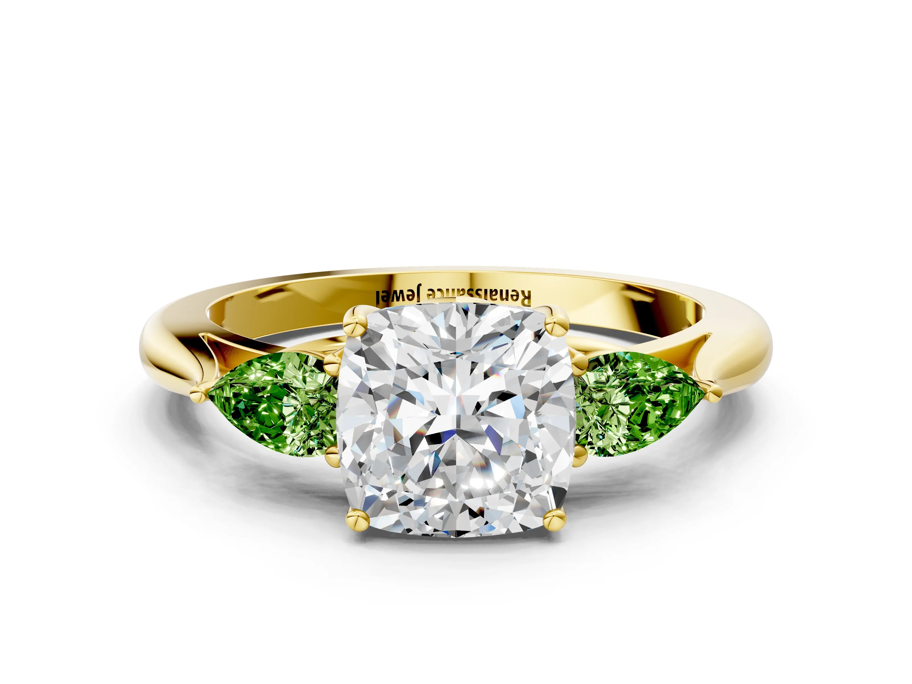 Yellow gold Cushion Cut Diamond Three-Stone Ring with Pear with Peridot side stone Side Stones and Prong Setting