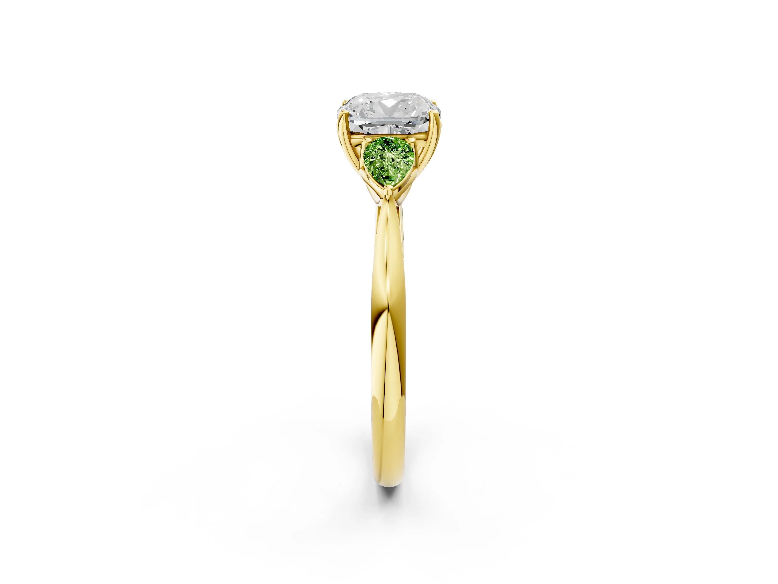 Yellow gold Cushion Cut Diamond Three-Stone Ring with Pear with Peridot side stone Side Stones and Prong Setting_2