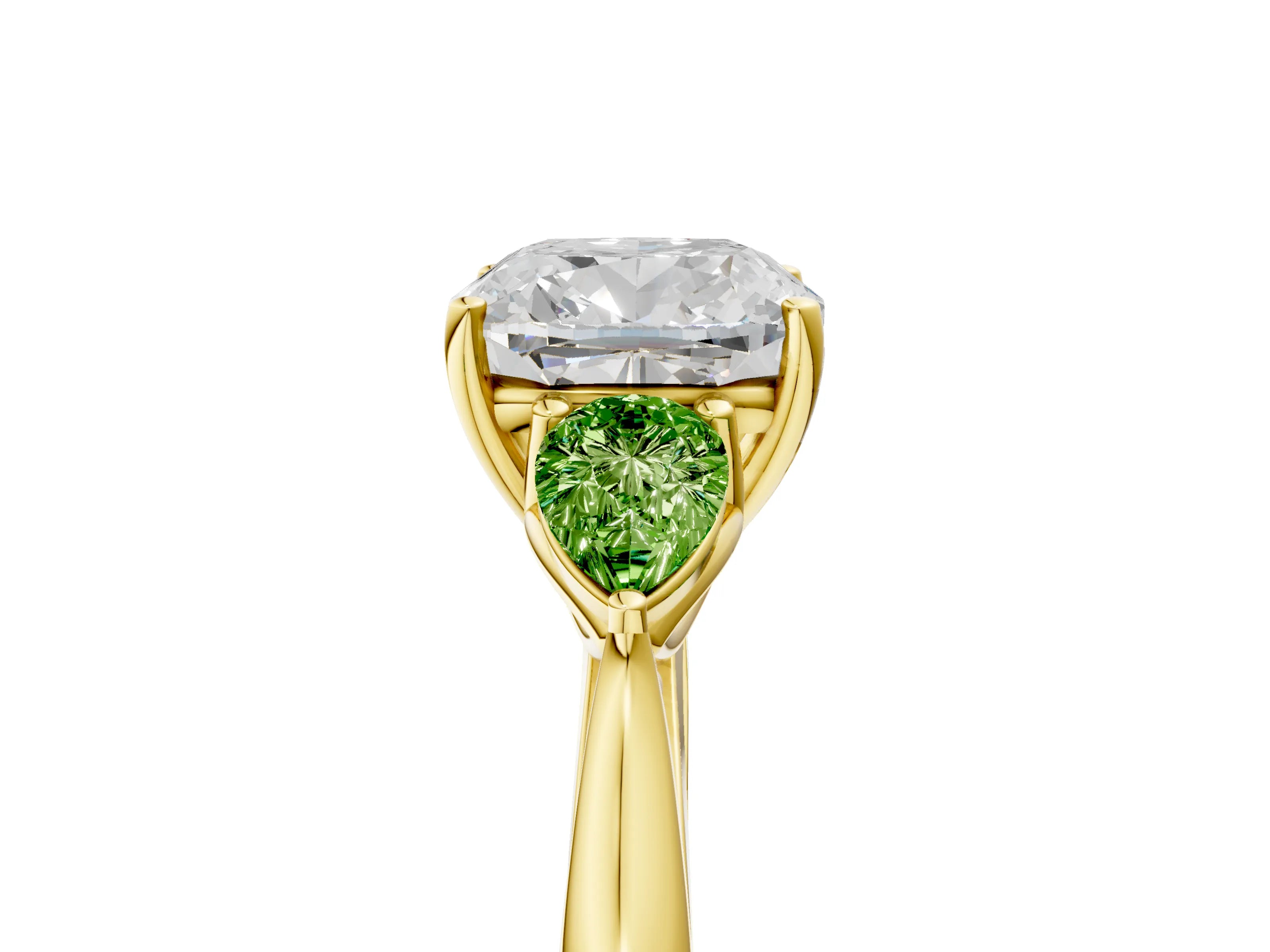 Yellow gold Cushion Cut Diamond Three-Stone Ring with Pear with Peridot side stone Side Stones and Prong Setting_5