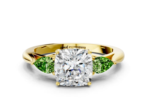 Yellow gold Cushion Cut Diamond Three-Stone Ring with Pear with Peridot side stone Side Stones and Prong Setting