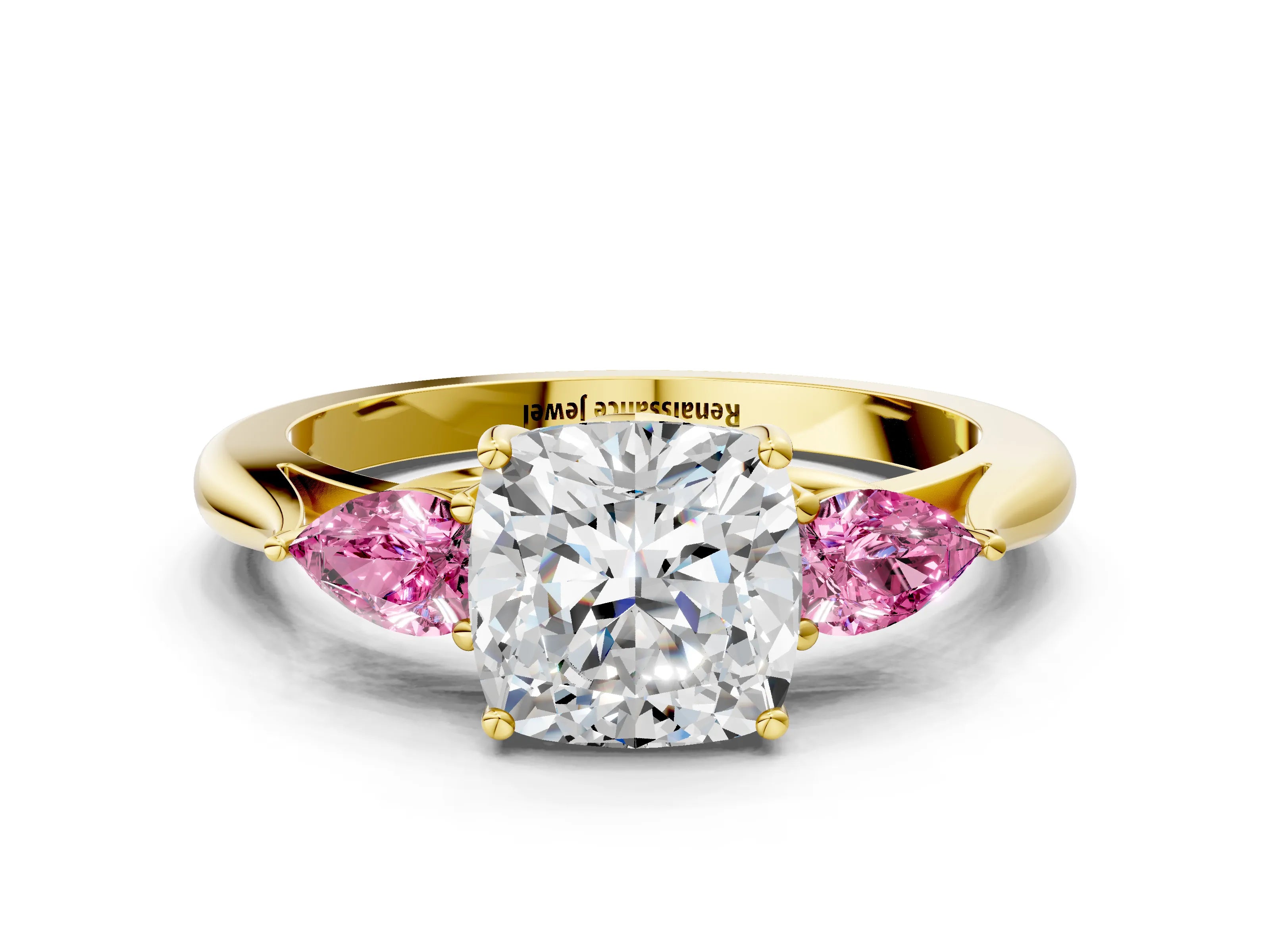 Yellow gold Cushion Cut Diamond Three-Stone Ring with Pear with Pink Sapphire side stone Side Stones and Prong Setting