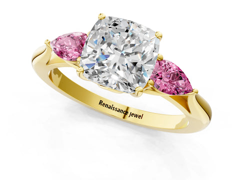 Yellow gold Cushion Cut Diamond Three-Stone Ring with Pear with Pink Sapphire side stone Side Stones and Prong Setting_1