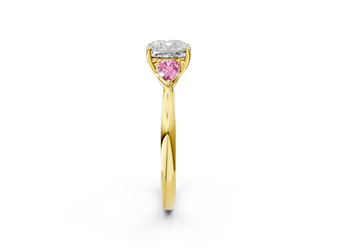 Yellow gold Cushion Cut Diamond Three-Stone Ring with Pear with Pink Sapphire side stone Side Stones and Prong Setting_2