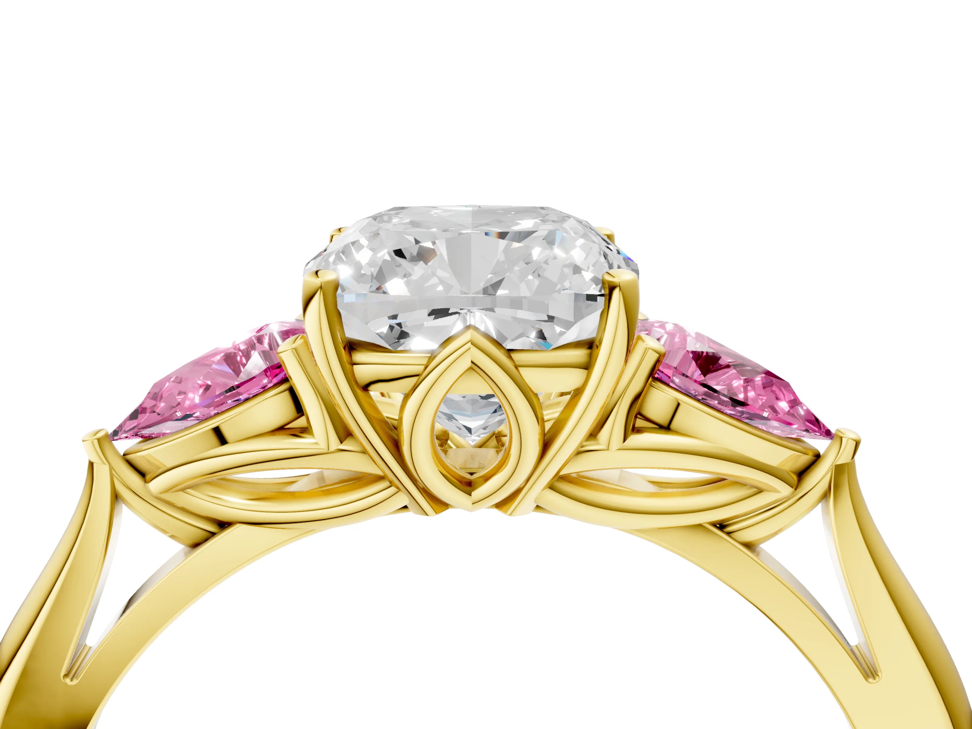 Yellow gold Cushion Cut Diamond Three-Stone Ring with Pear with Pink Sapphire side stone Side Stones and Prong Setting_4