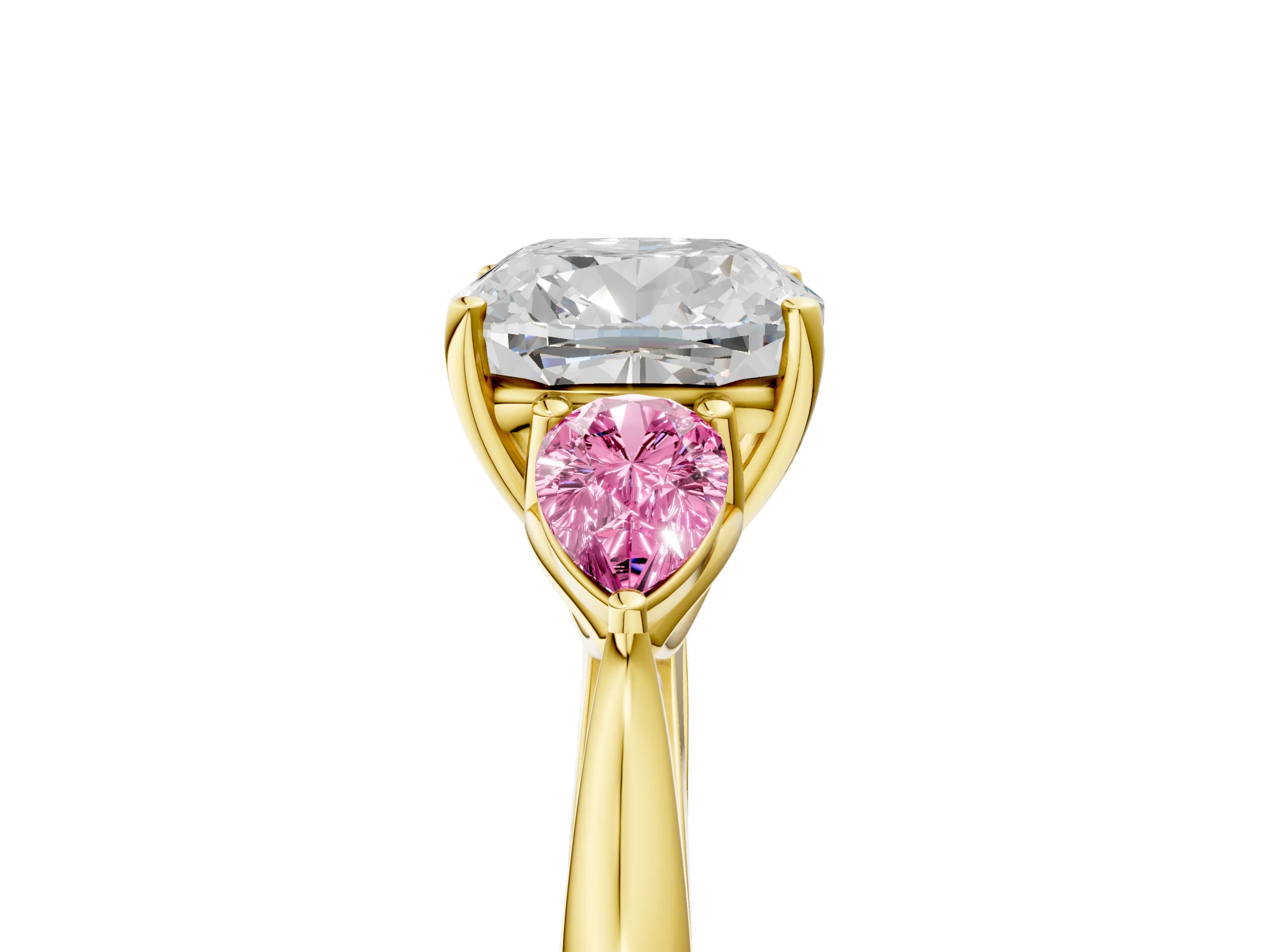 Yellow gold Cushion Cut Diamond Three-Stone Ring with Pear with Pink Sapphire side stone Side Stones and Prong Setting_5