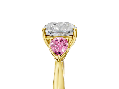 Yellow gold Cushion Cut Diamond Three-Stone Ring with Pear with Pink Sapphire side stone Side Stones and Prong Setting_5