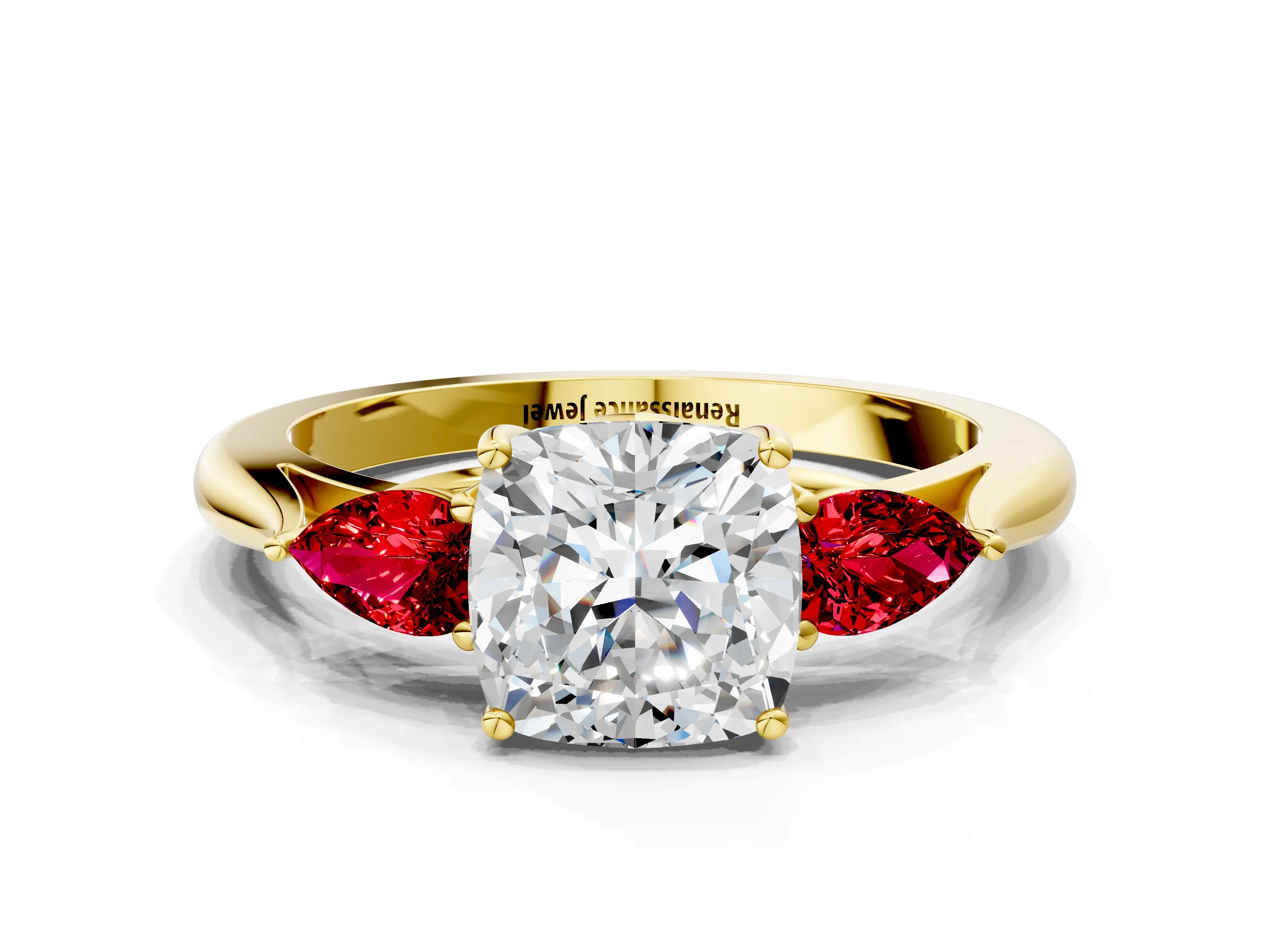 Yellow gold Cushion Cut Diamond Three-Stone Ring with Pear with Ruby side stone Side Stones and Prong Setting