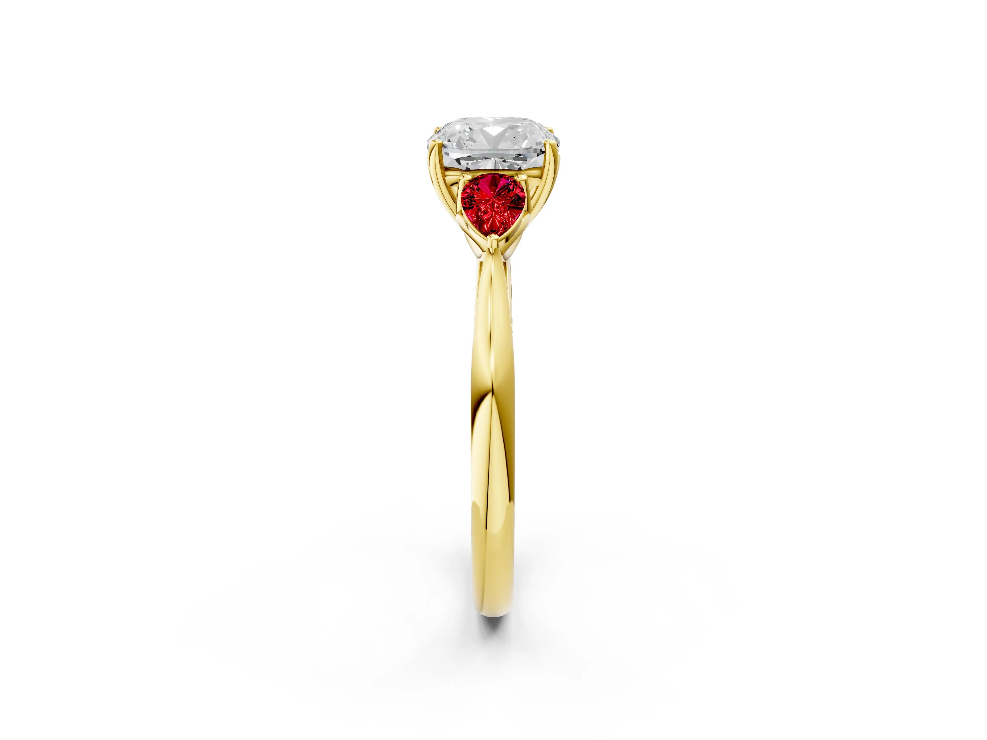 Yellow gold Cushion Cut Diamond Three-Stone Ring with Pear with Ruby side stone Side Stones and Prong Setting_2