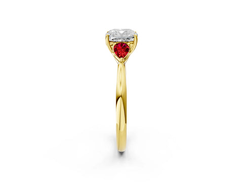 Yellow gold Cushion Cut Diamond Three-Stone Ring with Pear with Ruby side stone Side Stones and Prong Setting_2