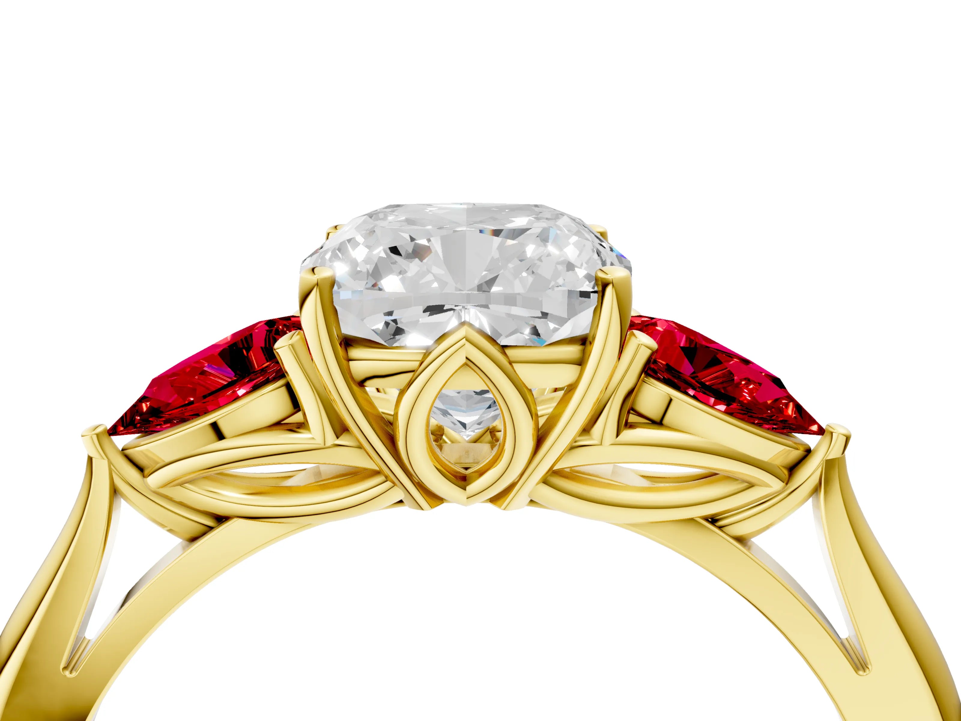 Yellow gold Cushion Cut Diamond Three-Stone Ring with Pear with Ruby side stone Side Stones and Prong Setting_4