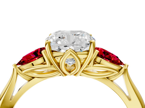 Yellow gold Cushion Cut Diamond Three-Stone Ring with Pear with Ruby side stone Side Stones and Prong Setting_4