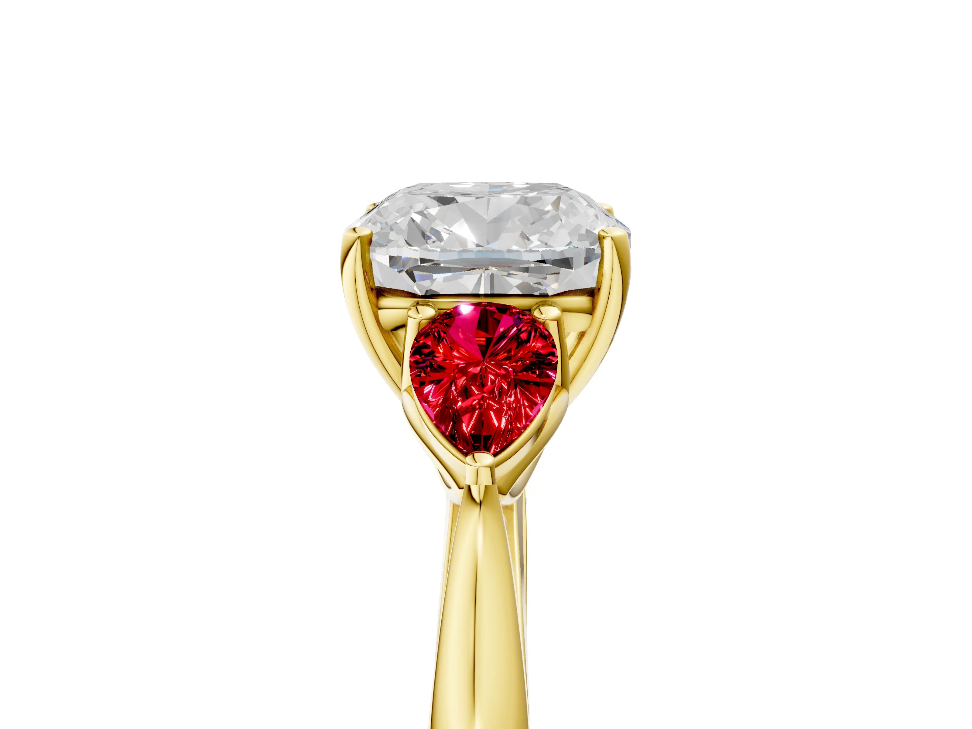 Yellow gold Cushion Cut Diamond Three-Stone Ring with Pear with Ruby side stone Side Stones and Prong Setting_5