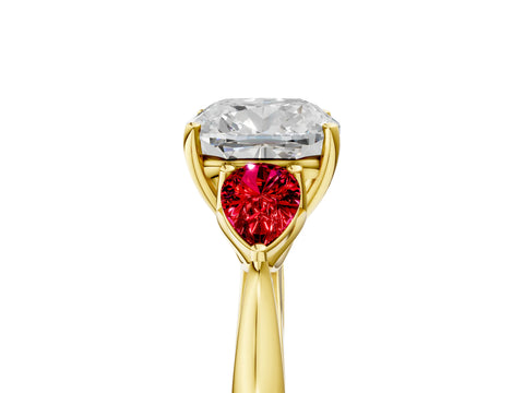 Yellow gold Cushion Cut Diamond Three-Stone Ring with Pear with Ruby side stone Side Stones and Prong Setting_5