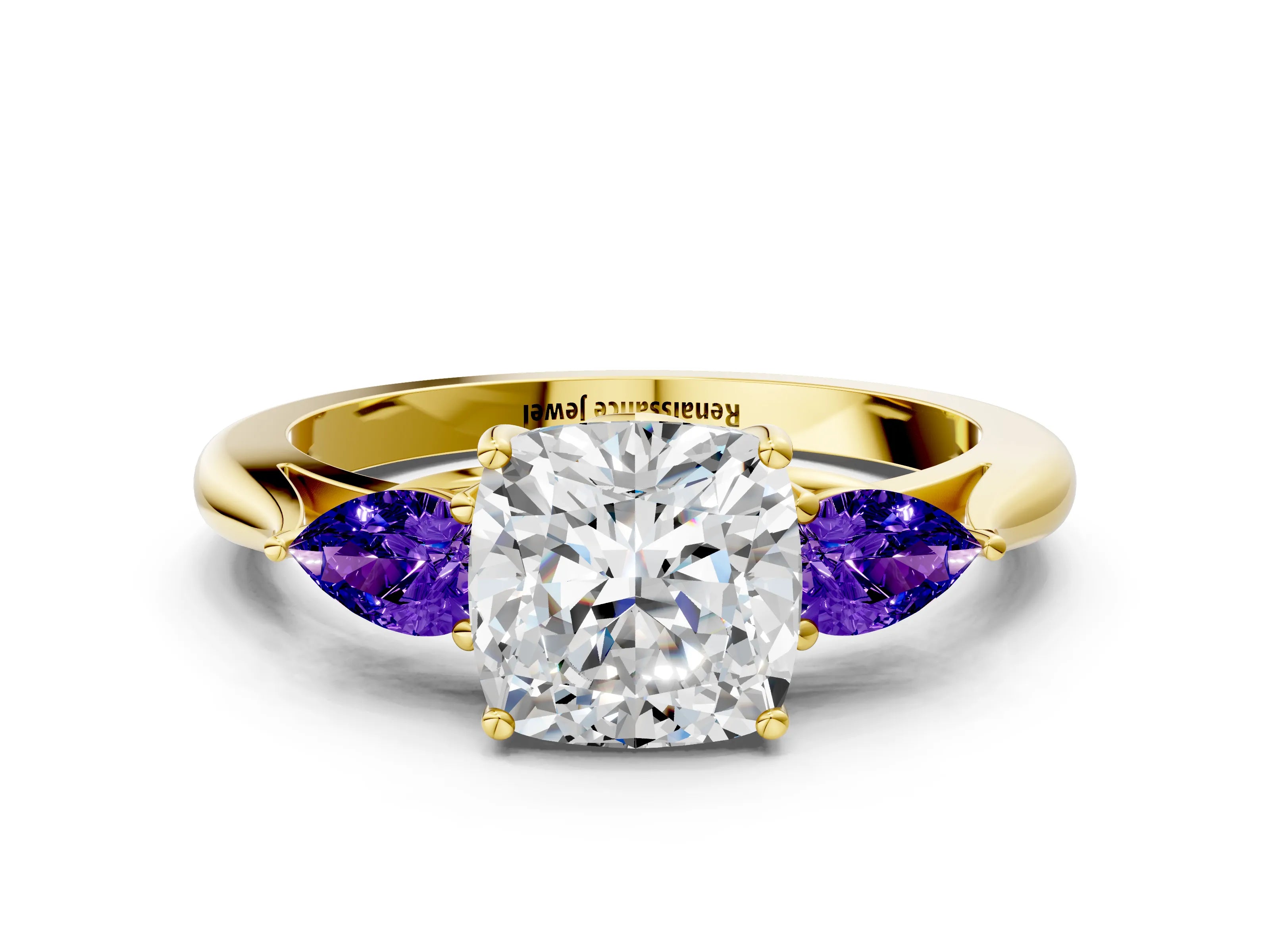 Yellow gold Cushion Cut Diamond Three-Stone Ring with Pear with Tanzanite side stone Side Stones and Prong Setting