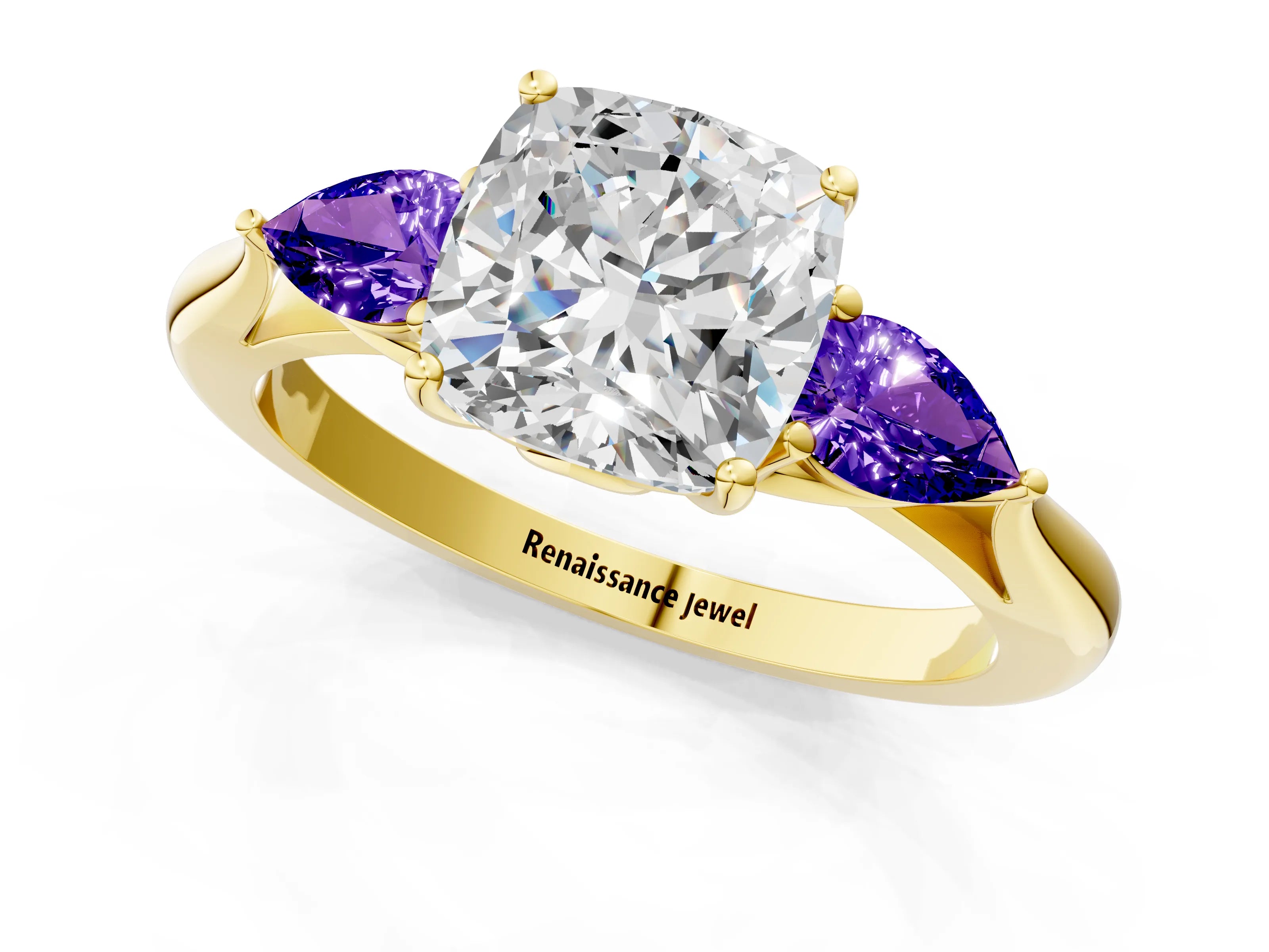 Yellow gold Cushion Cut Diamond Three-Stone Ring with Pear with Tanzanite side stone Side Stones and Prong Setting_1