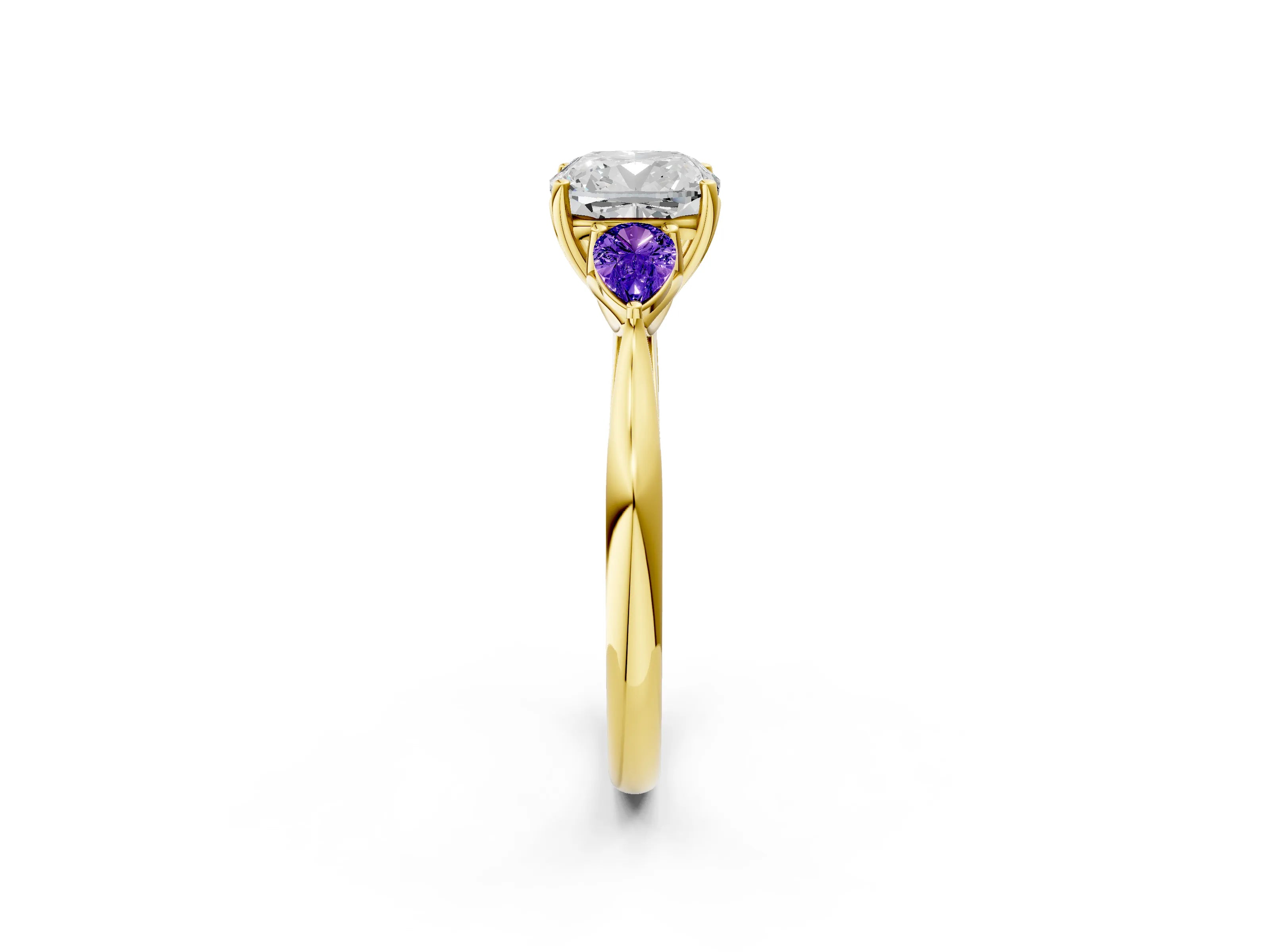 Yellow gold Cushion Cut Diamond Three-Stone Ring with Pear with Tanzanite side stone Side Stones and Prong Setting_2