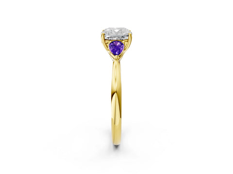 Yellow gold Cushion Cut Diamond Three-Stone Ring with Pear with Tanzanite side stone Side Stones and Prong Setting_2