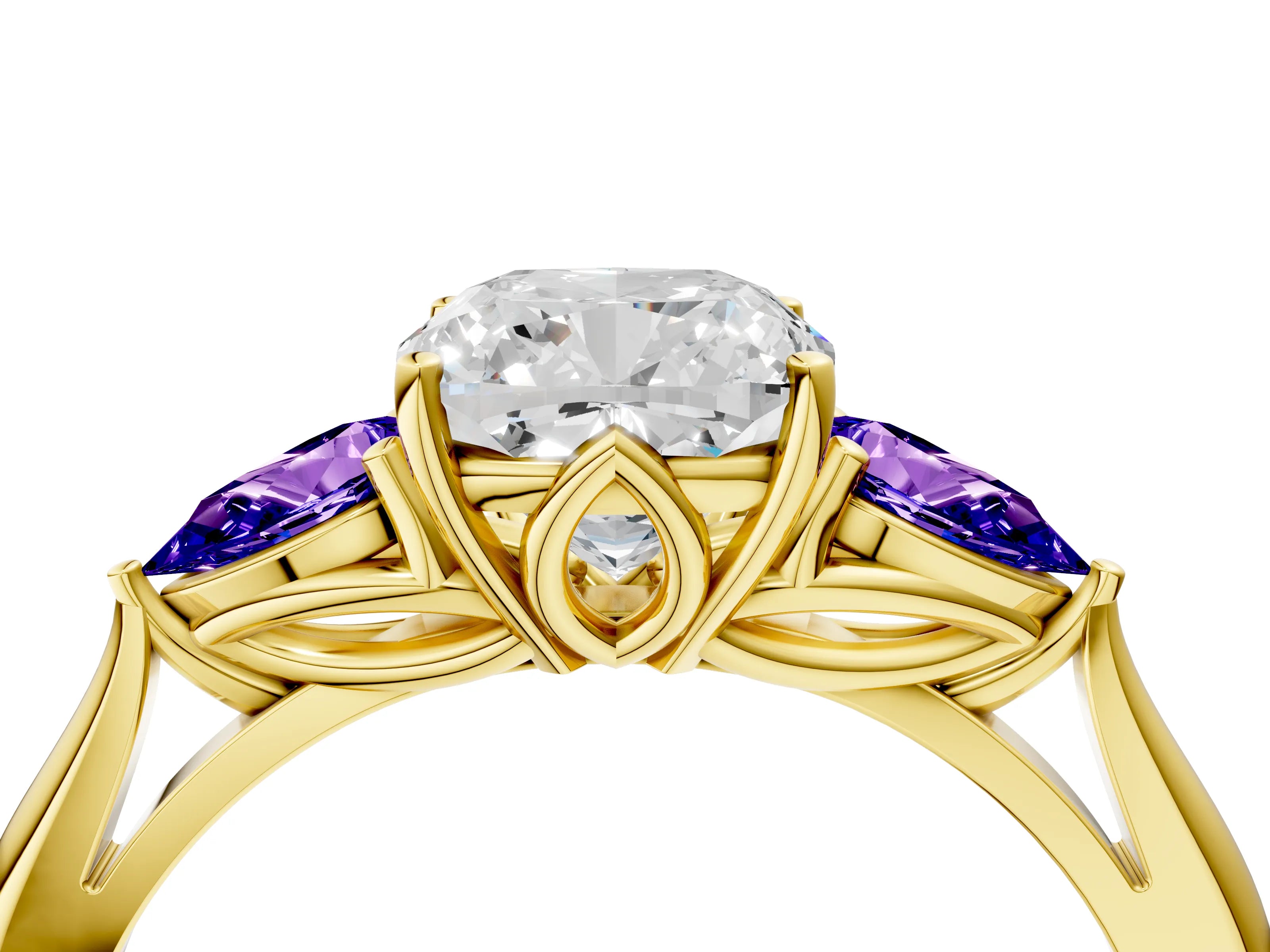 Yellow gold Cushion Cut Diamond Three-Stone Ring with Pear with Tanzanite side stone Side Stones and Prong Setting_4