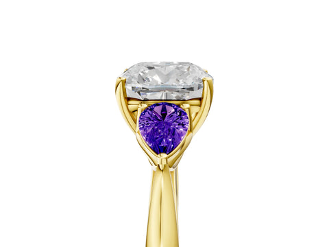 Yellow gold Cushion Cut Diamond Three-Stone Ring with Pear with Tanzanite side stone Side Stones and Prong Setting_5