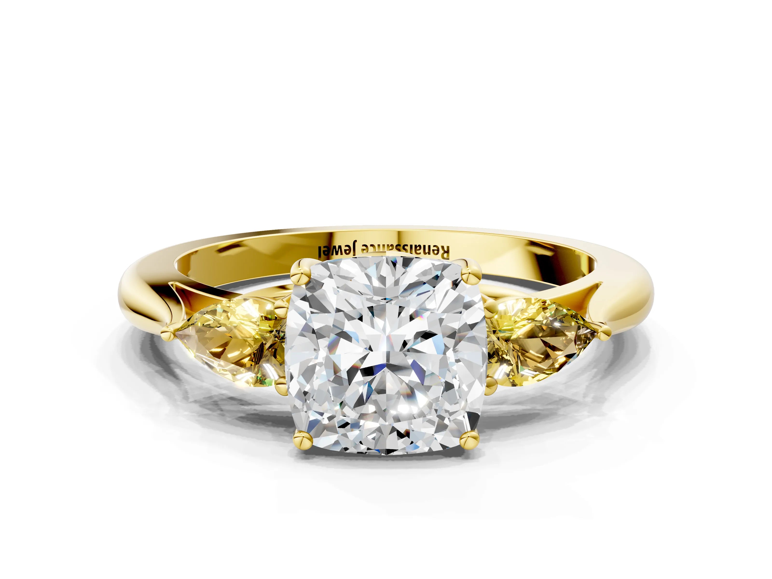 Yellow gold Cushion Cut Diamond Three-Stone Ring with Pear with Yellow Sapphire side stone Side Stones and Prong Setting
