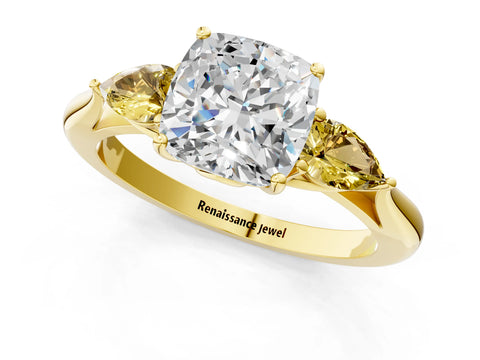 Yellow gold Cushion Cut Diamond Three-Stone Ring with Pear with Yellow Sapphire side stone Side Stones and Prong Setting_1