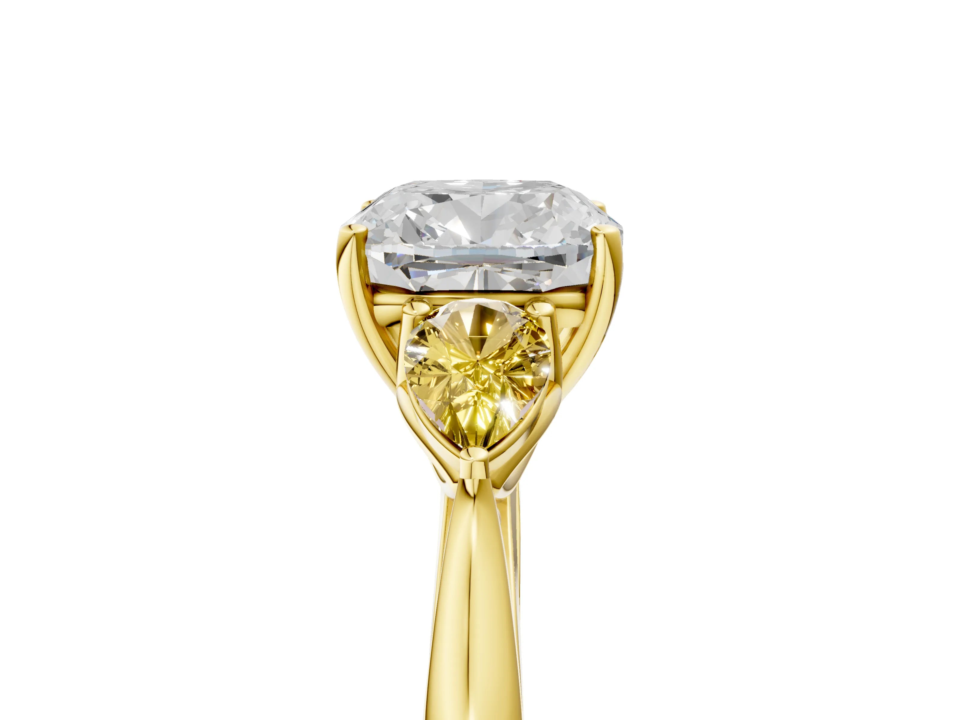 Yellow gold Cushion Cut Diamond Three-Stone Ring with Pear with Yellow Sapphire side stone Side Stones and Prong Setting_5