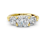 Yellow gold Cushion Cut Diamond Three-Stone Ring with Prong Setting and Pavé Band_3