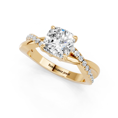 Yellow gold Cushion Cut Diamond Twist Band Solitaire with Prong Setting_15