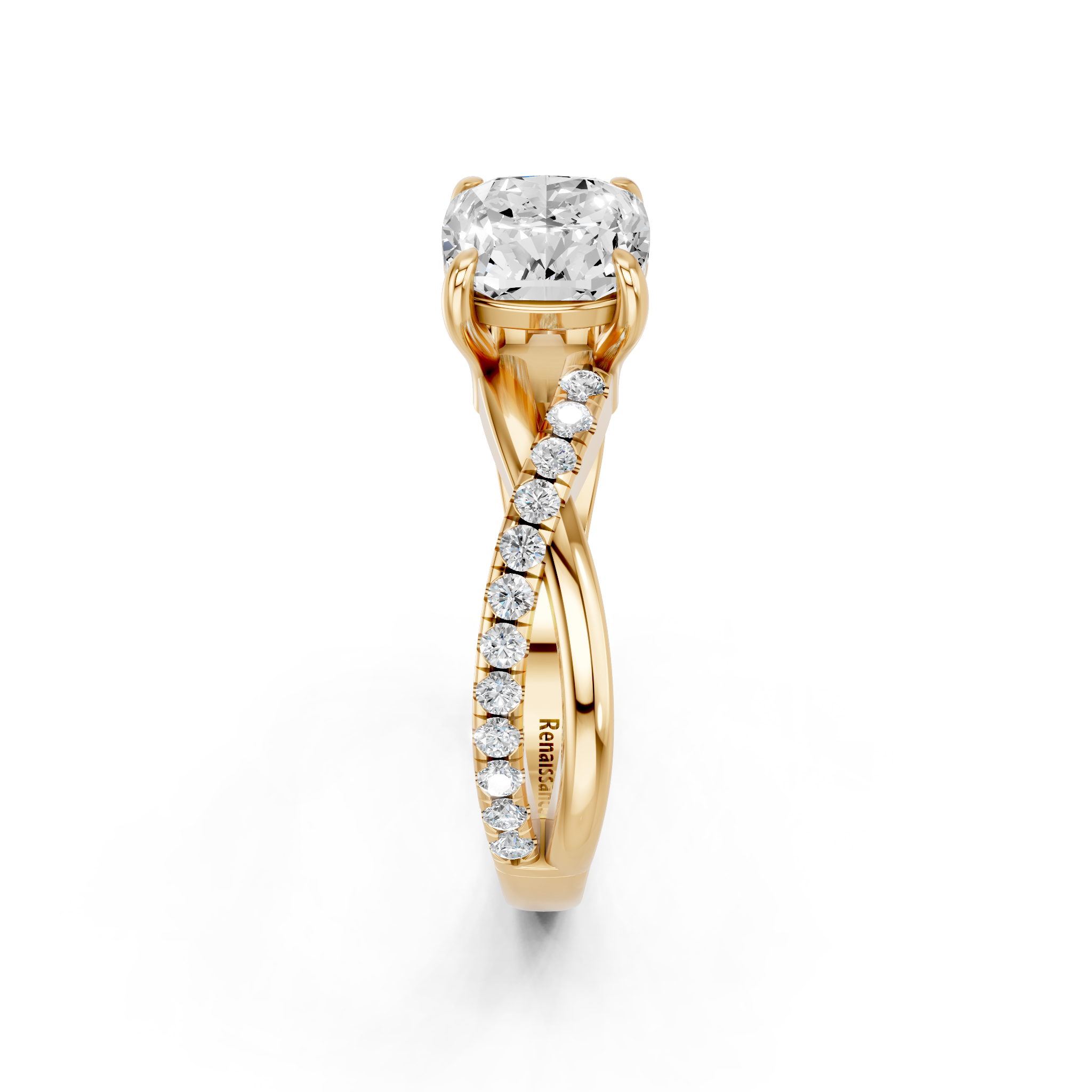 Yellow gold Cushion Cut Diamond Twist Band Solitaire with Prong Setting_16