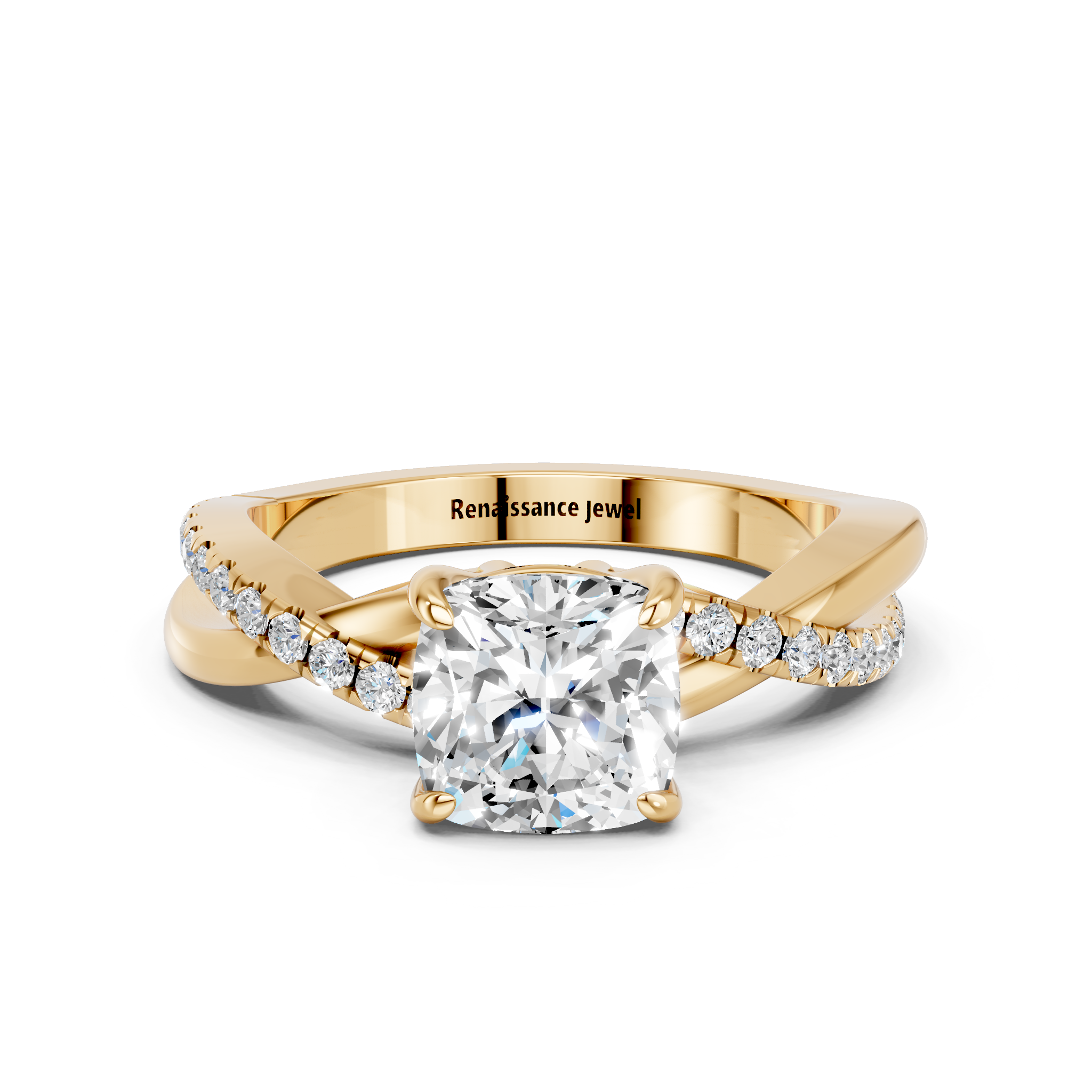 Yellow gold Cushion Cut Diamond Twist Band Solitaire with Prong Setting_24