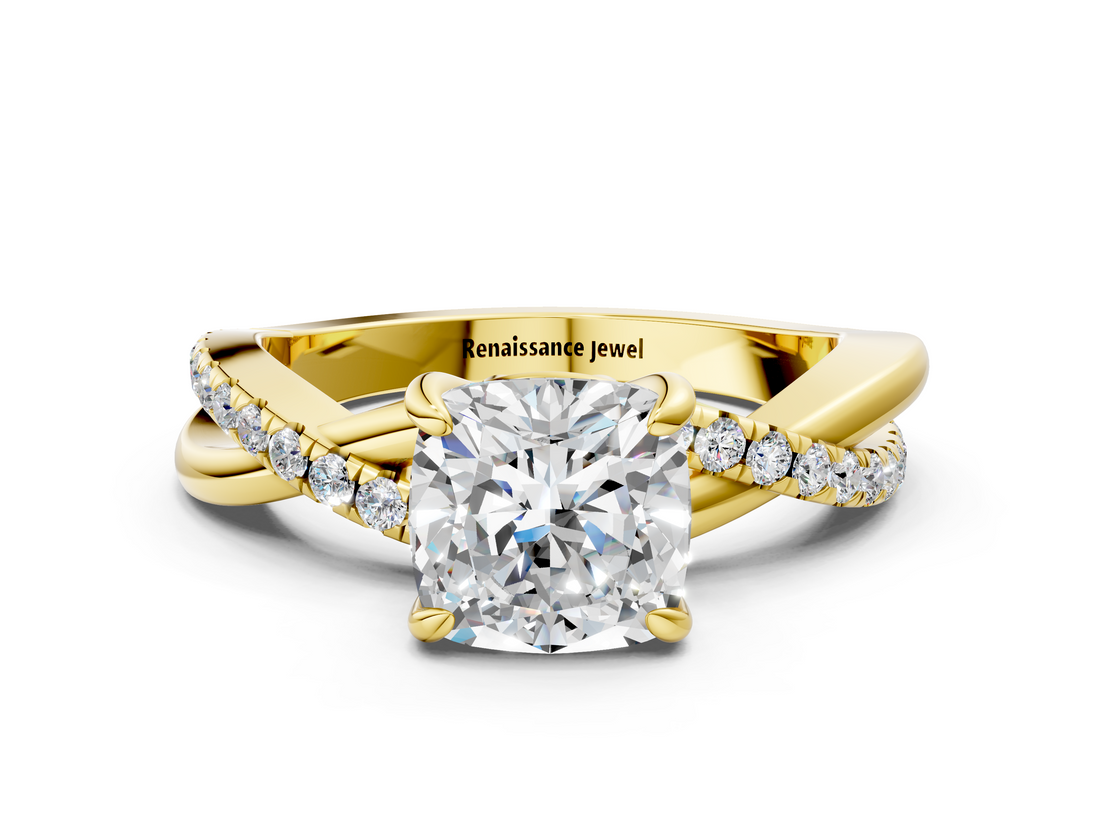 Yellow gold Cushion Cut Diamond Twist Band Solitaire with Prong Setting_41