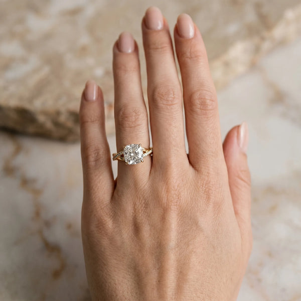 Yellow gold Cushion Cut Diamond Twisted Band Engagement Ring with Prong Setting