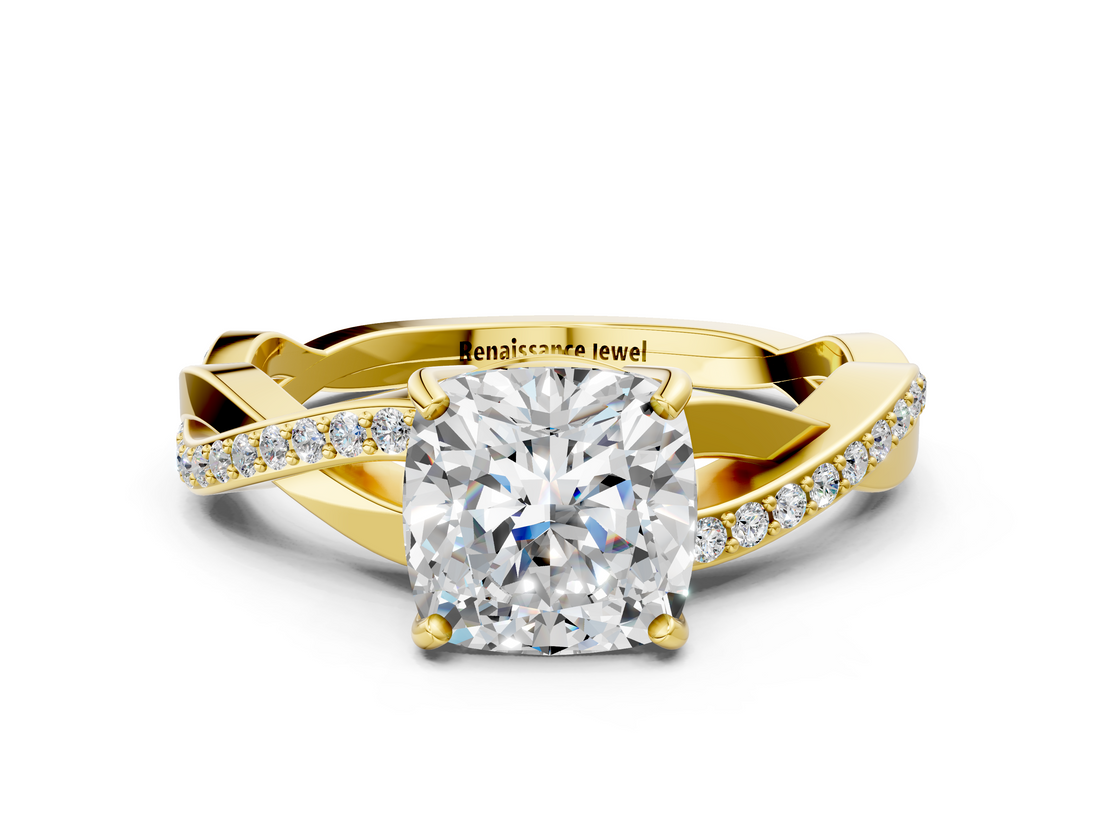 Yellow gold Cushion Cut Diamond Twisted Band Engagement Ring with Prong Setting_15
