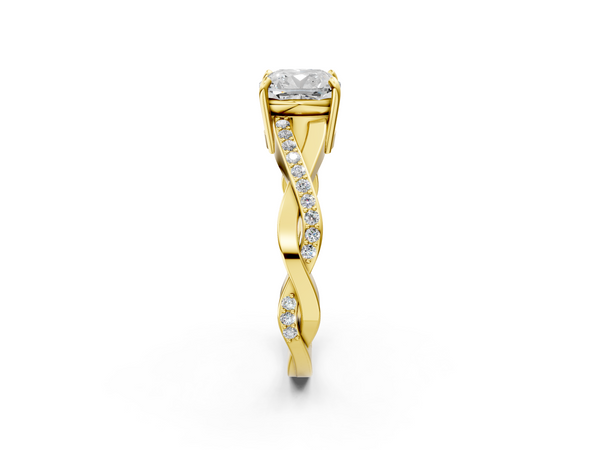 Yellow gold Cushion Cut Diamond Twisted Band Engagement Ring with Prong Setting