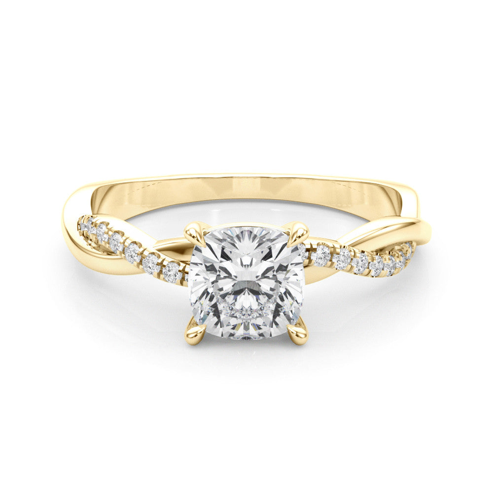 Yellow gold Cushion Cut Diamond Twisted Band with Pavé Setting and Four-Prong Setting