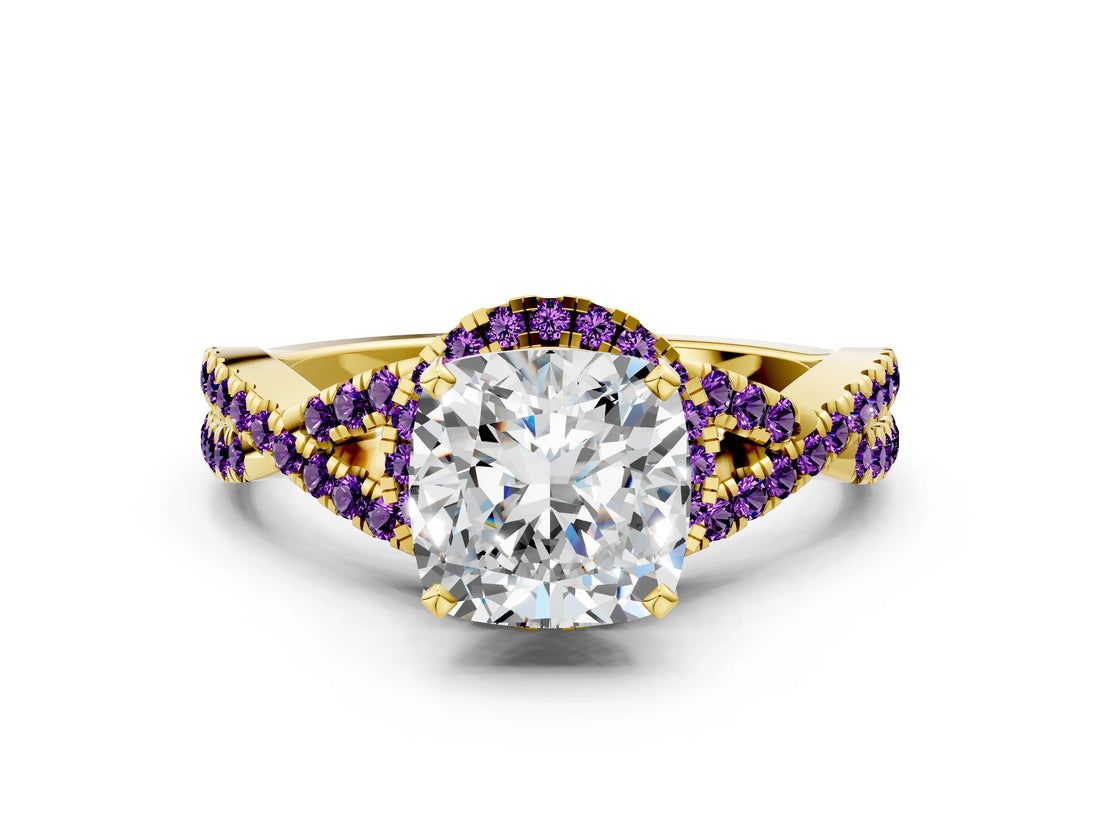 Yellow gold Cushion Cut Diamond with Amethyst side stone Halo Twist Band Solitaire Prong Setting Ring_12
