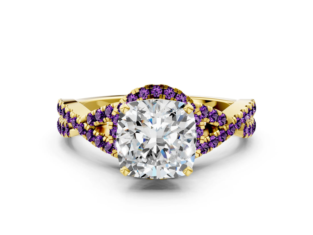 Yellow gold Cushion Cut Diamond with Amethyst side stone Halo Twist Band Solitaire Prong Setting Ring_36