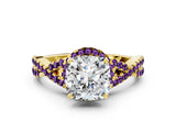 Yellow gold Cushion Cut Diamond with Amethyst side stone Halo Twist Band Solitaire Prong Setting Ring_36
