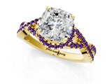 Yellow gold Cushion Cut Diamond with Amethyst side stone Halo Twist Band Solitaire Prong Setting Ring_37